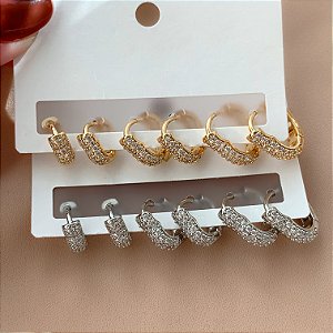 BRINCO KIT ARGOLAS DE CORAÇÃO CRAVEJADAS ZIRCÔNIAS BIJU