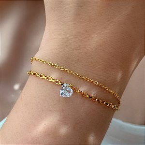 PULSEIRA CORRENTE DUPLA CORAÇÃO ZIRCÔNIA DOURADO AÇO 316L⭐️
