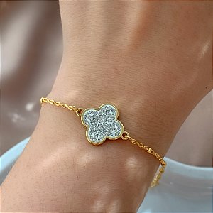 PULSEIRA CORRENTE FINA TREVO CRAVEJADO DOURADO AÇO 316L⭐️
