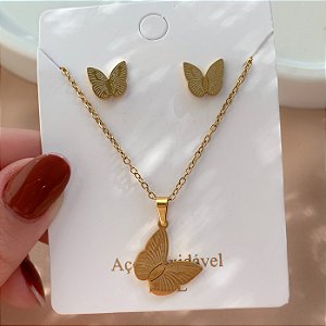 COLAR E BRINCO KIT BORBOLETA DELICADA DOURADO AÇO 316L⭐️