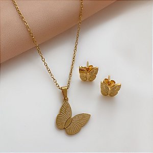 COLAR E BRINCO KIT BORBOLETA DELICADA DOURADO AÇO 316L⭐️