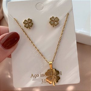 COLAR E BRINCO KIT TREVO DELICADO DOURADO AÇO 316L⭐️