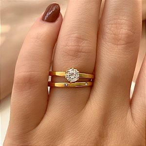 ANEL KIT SOLITÁRIO E ALIANÇA CRAVEJADA DOURADO AÇO 316L⭐️