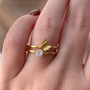 ANEL KIT SOLITÁRIO E BORBOLETINHA DOURADO AÇO 316L⭐️