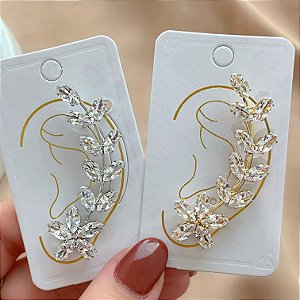 BRINCO UNITÁRIO EAR CUFF FLOR E RAMINHOS EM ZIRCÔNIAS BIJU