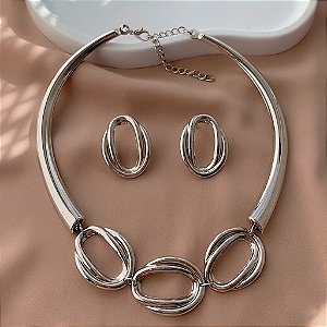 COLAR E BRINCO KIT 3 ELOS OVAIS BIJU