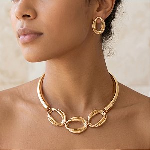 COLAR E BRINCO KIT 3 ELOS OVAIS BIJU