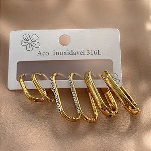 BRINCO KIT ARGOLINHAS FIO RETANGULAR LISAS E CRAVEJADAS DOURADO AÇO 316L⭐️