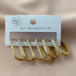 BRINCO KIT ARGOLINHAS RETANGULAR BOLEADA CRAVEJADAS DOURADO AÇO 316L⭐️