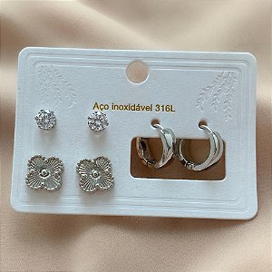 BRINCO KIT ARGOLINHA, TREVO DESENHADO E ZIRCÔNIA AÇO 316L⭐️