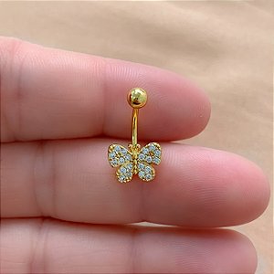 PIERCING UMBIGO BORBOLETA DELICADA ZIRCÔNIAS 10MM HASTE AÇO 316L FOLHEADO A OURO 18K SEMIJOIA PARA ATUALIZAÇÃO⭐️