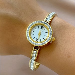 BRACELETE RELÓGIO PULSEIRA COM ZIRCÔNIAS DOURADO AÇO 316L⭐️