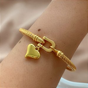 PULSEIRA/ BRACELETE FIO TORCIDO COM FECHO ANZOL E CORAÇÃO DOURADO AÇO 316L⭐️