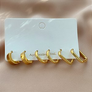 BRINCO KIT ARGOLAS CLICK FIO GROSSO QUADRADO DOURADO AÇO 316L⭐️