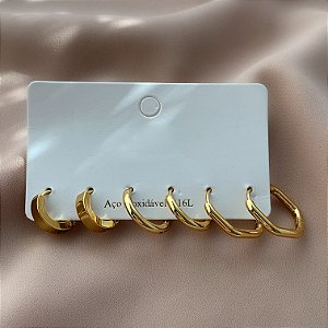 BRINCO KIT ARGOLAS CLICK FIO GROSSO HEXÁGONO DOURADO AÇO 316L⭐️