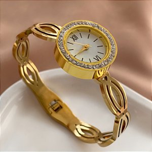 BRACELETE RELÓGIO FIOS CRUZADOS VAZADO DOURADO AÇO 316L⭐️