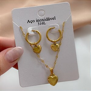 COLAR E BRINCO CORAÇÃO BOLEADO P LISO DOURADO AÇO 316L⭐️
