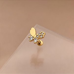 PIERCING TRÁGUS / CARTILAGEM BORBOLETA ASA LISA E ZIRCÔNIAS 6MM HASTE AÇO 316L FOLHEADO A OURO 18K SEMIJOIA PARA ATUALIZAÇÃO⭐️