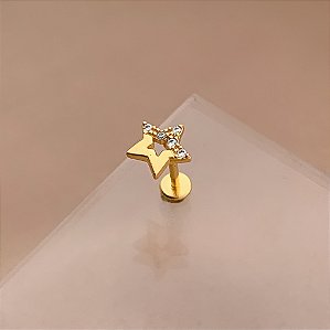 PIERCING TRÁGUS / CARTILAGEM ESTRELA METADE LISA E METADE ZIRCÔNIAS 6MM HASTE AÇO 316L FOLHEADO A OURO 18K SEMIJOIA PARA ATUALIZAÇÃO⭐️