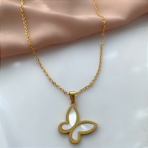 COLAR BORBOLETA MADREPÉROLA DOURADO AÇO 316L⭐️