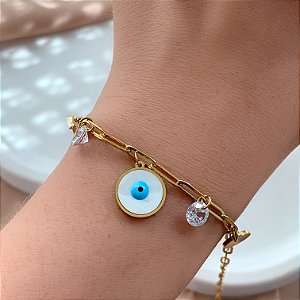 PULSEIRA CORRENTE PINGENTES PLAQUINHA, OLHO GREGO E CRISTAL DOURADO AÇO 316L⭐️