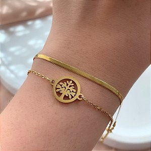 PULSEIRA CORRENTE DUPLA FITA FINA E ÁRVORE DA VIDA DOURADO AÇO 316L⭐️