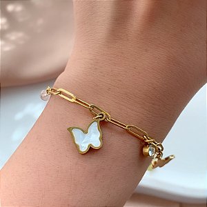 PULSEIRA CORRENTE PINGENTES BORBOLETA LISA E MADREPÉROLA DOURADO AÇO 316L⭐️