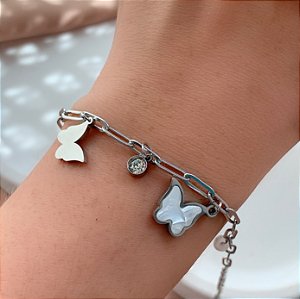 PULSEIRA CORRENTE PINGENTES BORBOLETA LISA E MADREPÉROLA AÇO 316L⭐️