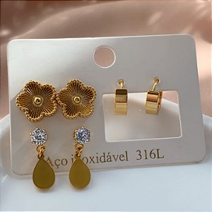 BRINCO KIT TREVO, ARGOLINHA E GOTA COM ZIRCÔNIA DOURADO AÇO 316L⭐️