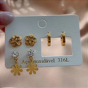BRINCO KIT FLORZINHAS E ARGOLINHA DOURADO AÇO 316L⭐️