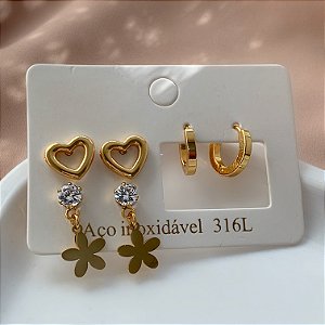 BRINCO KIT ARGOLINHA, CORAÇÃO VAZADO E FLORZINHA COM ZIRCÔNIA DOURADO AÇO 316L⭐️