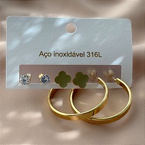 BRINCO KIT ARGOLA, TREVO LISO E ZIRCÔNIA DOURADO AÇO 316L⭐️