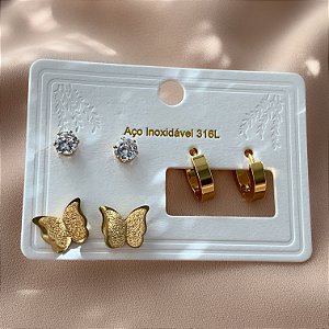 BRINCO KIT ARGOLINHA, BORBOLETA TEXTURIZADA E PONTO DE LUZ DOURADO AÇO 316L⭐️