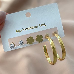 BRINCO KIT ARGOLA BOLEADA, TREVO LISO E ZIRCÔNIA DOURADO AÇO 316L⭐️