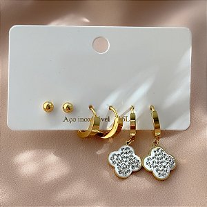 BRINCO KIT ARGOLINHAS, PINGENTE TREVO ZIRCÔNIAS E MINI BOLINHA DOURADO AÇO 316L⭐️