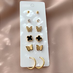 BRINCO KIT BORBOLETAS, ARGOLINHA, TREVO RESINADO, BOLINHA E ZIRCÔNIA DOURADO AÇO 316L⭐️