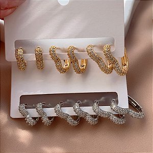 BRINCO KIT ARGOLINHAS CORAÇÕES CRAVEJADOS EM ZIRCÔNIAS BIJU