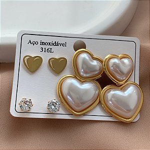 BRINCO KIT PÉROLA CORAÇÃO, CORAÇÃO LISO E ZIRCÔNIA DOURADO AÇO 316L⭐️