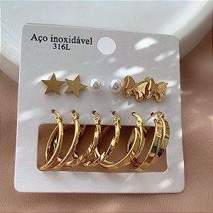 BRINCO KIT 6 PARES ARGOLAS E ESTRELA DOURADO AÇO 316L⭐️
