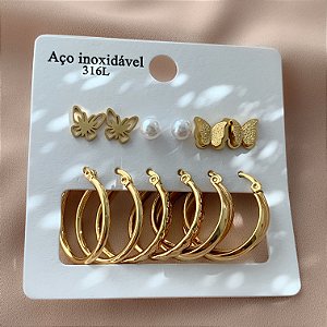 BRINCO KIT 6 PARES ARGOLAS E BORBOLETA DOURADO AÇO 316L⭐️
