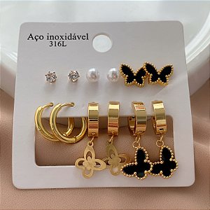 BRINCO KIT 6 PARES BORBOLETAS ESMALTADAS DOURADO AÇO 316L⭐️
