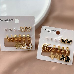 BRINCO KIT 6 PARES BORBOLETAS ESMALTADAS DOURADO AÇO 316L⭐️