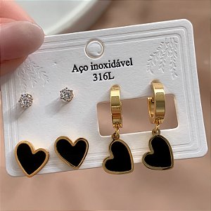 BRINCO KIT 3 PARES CORAÇÕES ESMALTADOS DOURADO AÇO 316L⭐️