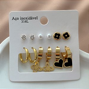 BRINCO KIT CORAÇÃO,BORBOLETA E FLOR DOURADO AÇO 316L⭐️