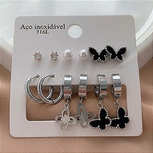 BRINCO KIT 6 PARES BORBOLETAS ESMALTADAS AÇO 316L⭐️