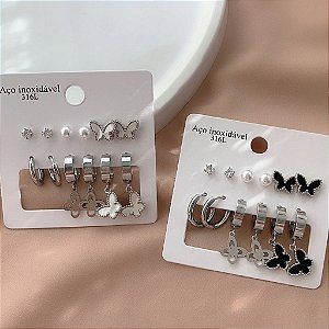 BRINCO KIT 6 PARES BORBOLETAS ESMALTADAS AÇO 316L⭐️