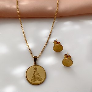 COLAR E BRINCO MEDALHA NOSSA SENHORA DOURADO AÇO 316L⭐️