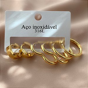 BRINCO ARGOLINHAS CLÁSSICAS LISAS E CORAÇÃO DOURADO AÇO 316L⭐️