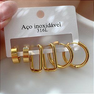 BRINCO ARGOLINHAS CLÁSSICAS LISAS FORMATOS DIFERENTES DOURADO AÇO 316L⭐️