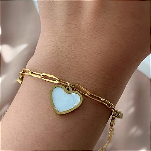 PULSEIRA CORRENTE PINGENTES CORAÇÕES LISO E MADREPÉROLA DOURADO AÇO 316L⭐️